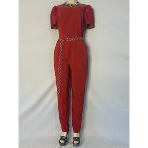 NY&C Faux Leather Jumpsuit Medium Tall Red Puff Sleeve Vegan Leather One Piece